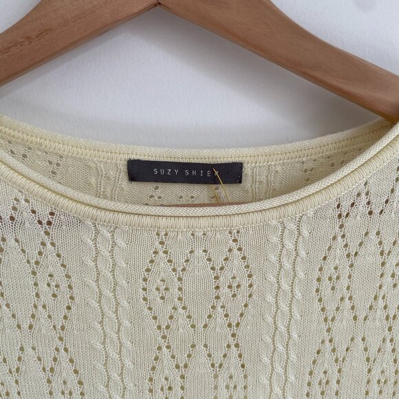 Vintage 2000s Suzy Shier Butter Yellow Knit Pointelle Top Ribbed Waist - Picture 4 of 7